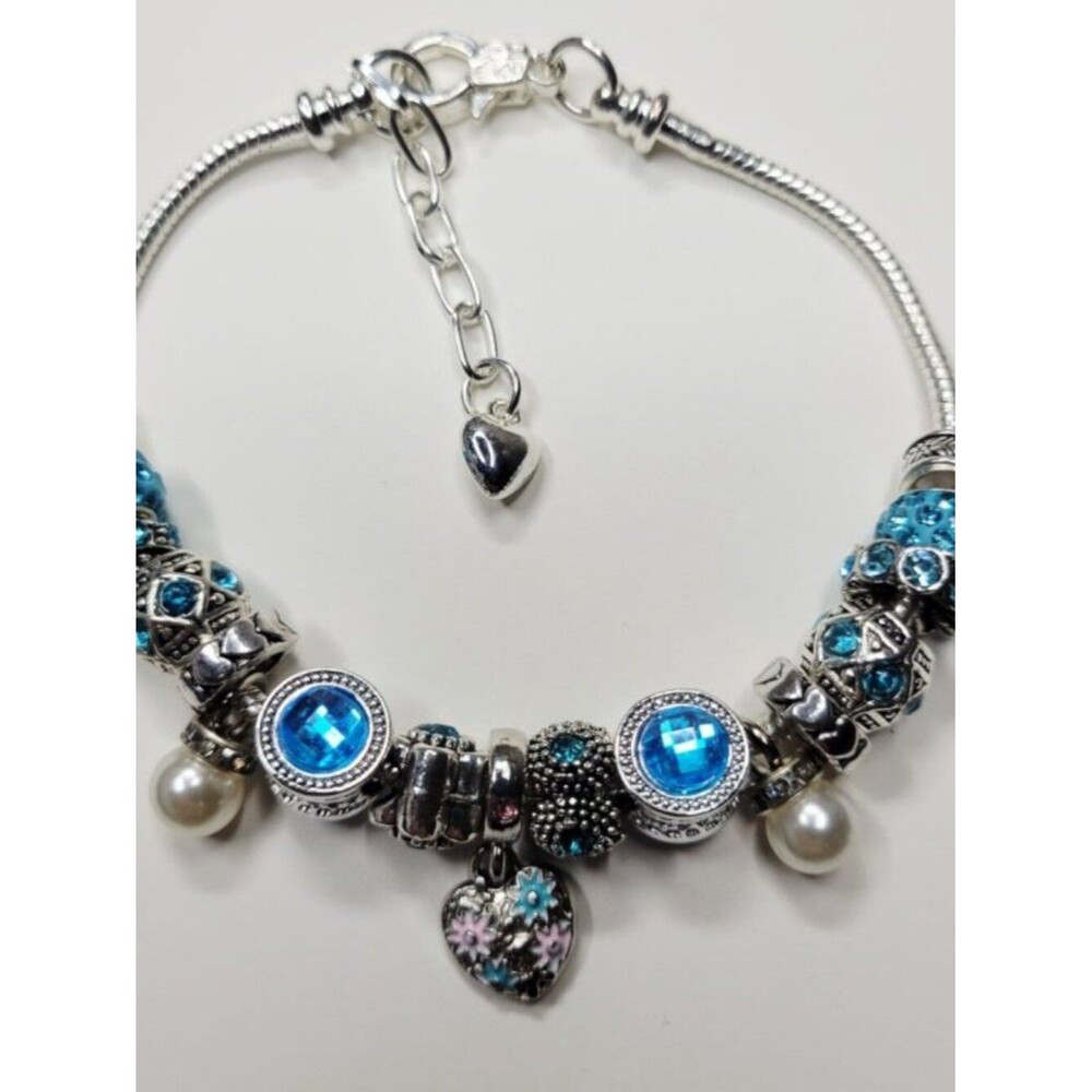 Pandora Style Silver Color Charm Bracelet Pastel Heart Dangle Rhinestones XL - Picture 6 of 6